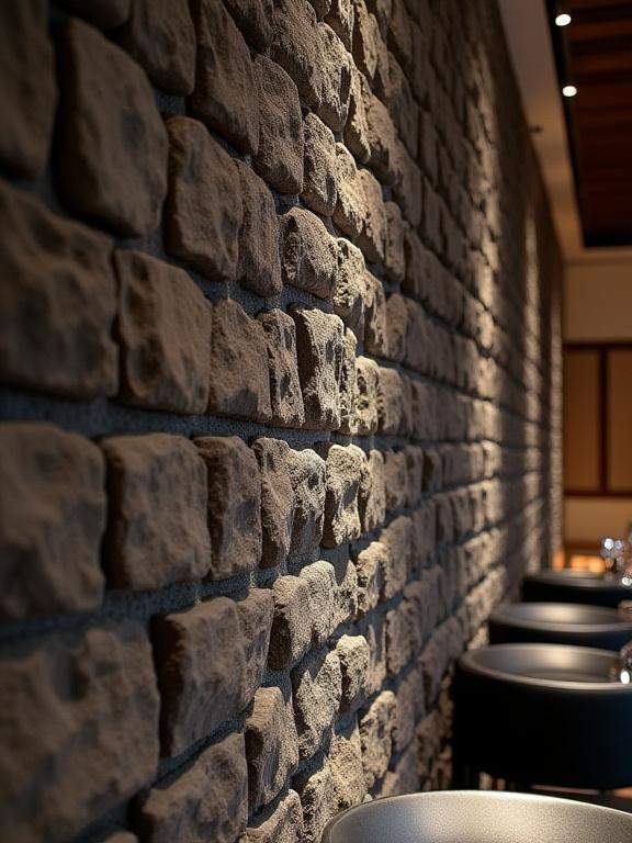 Dettaglio della parete in pietra lavica del ristorante Crateri Rossi